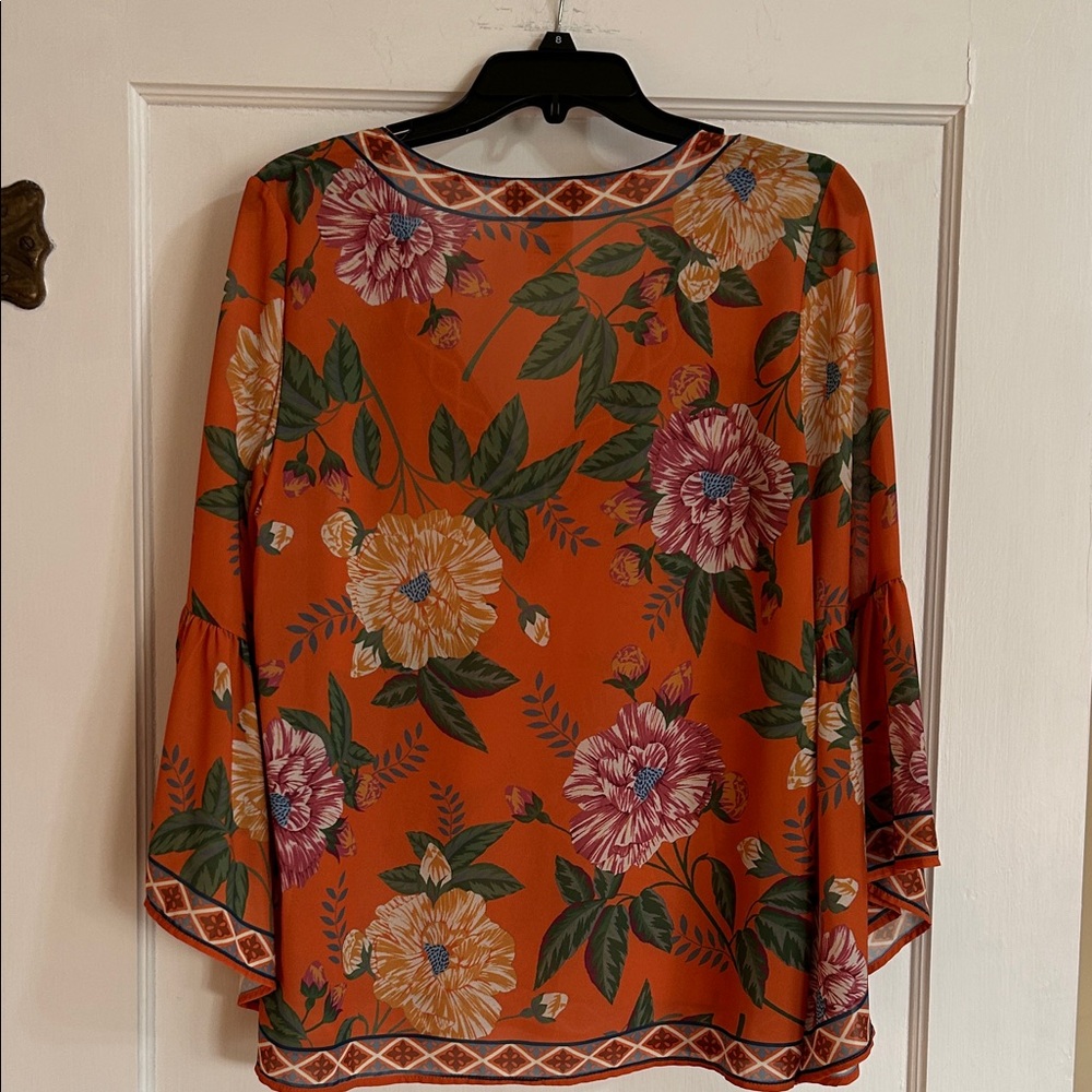 Flying Tomato Orange Floral V-Neck Blouse - Picture 3 of 8